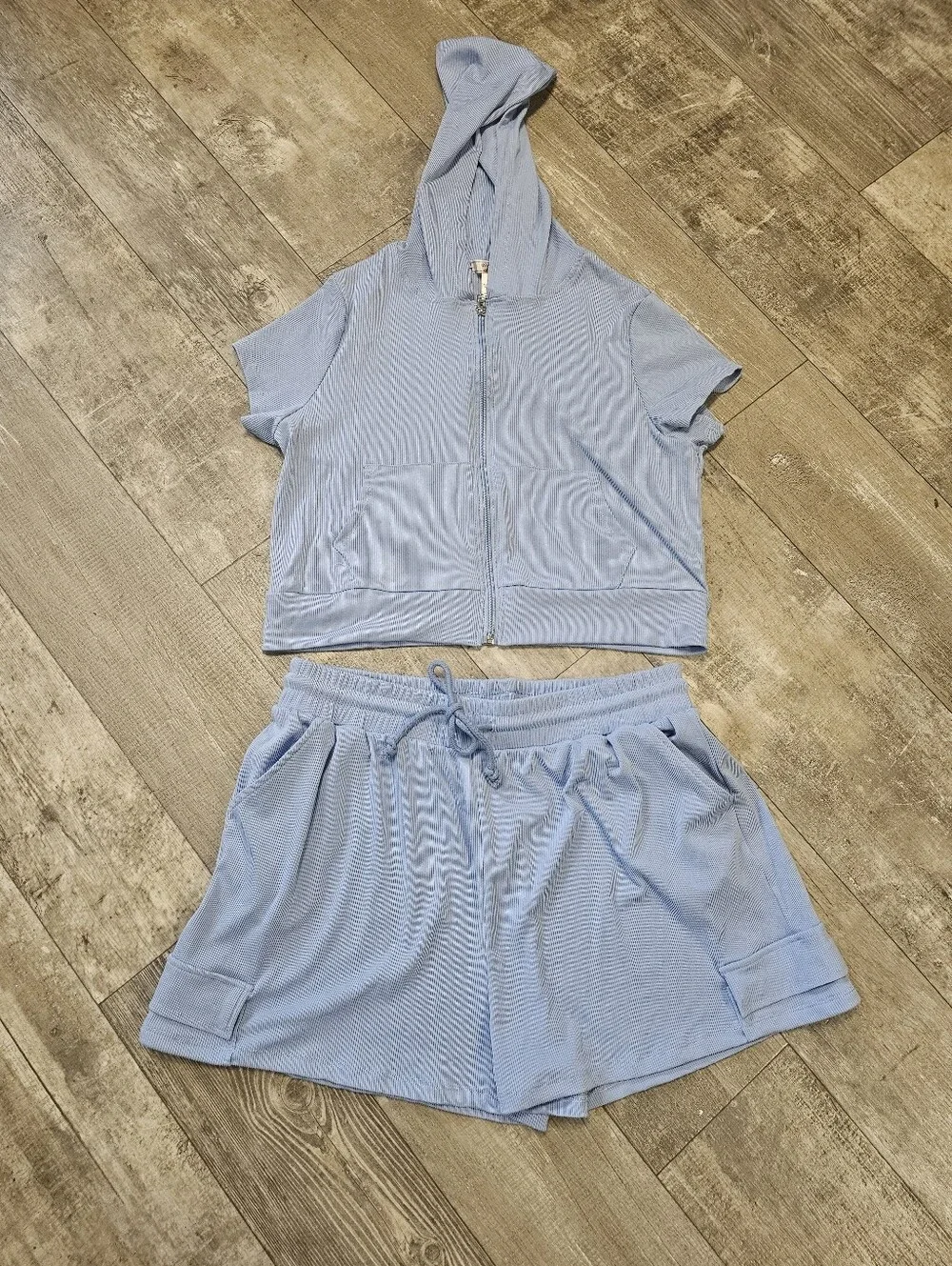 Light Blue Short Sleeve Hoodie and Drawstring Shorts Set